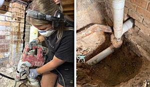 Apprentice plumber under house chopping concrete Chapman